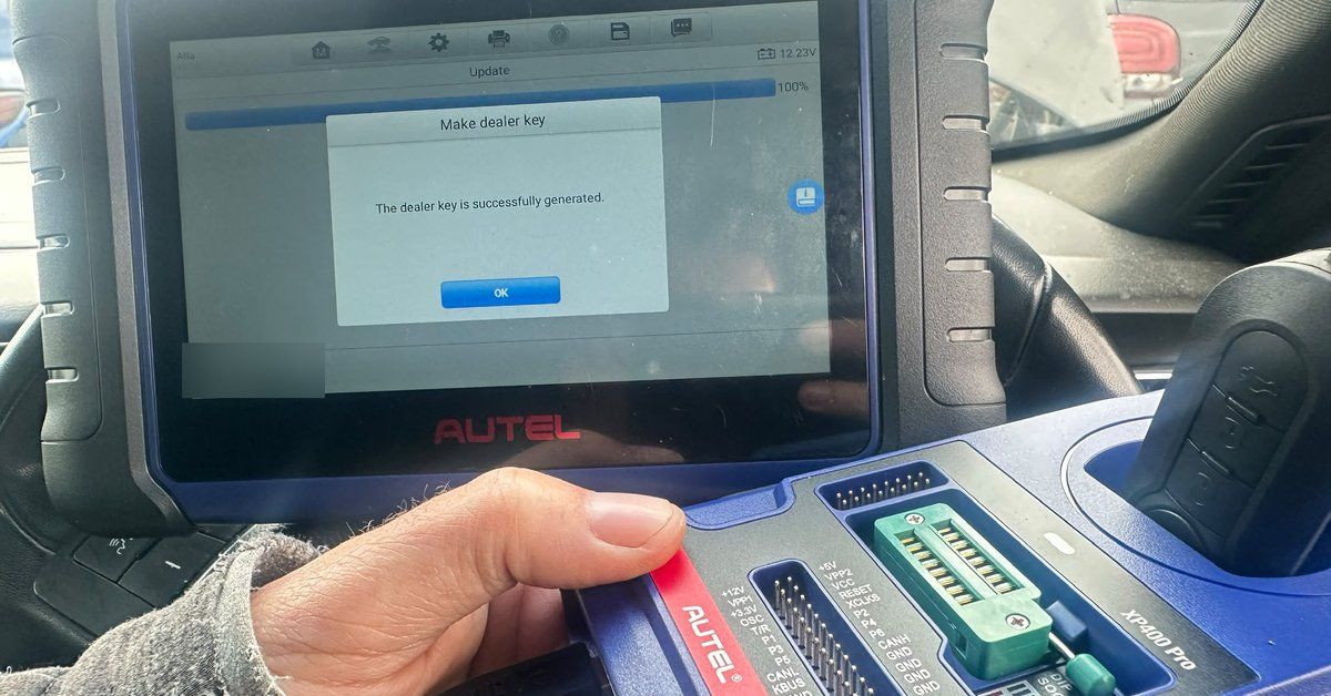 Autel diagnostic tablet showing a dealer key successfully generated, with the XP400 Pro key programmer, on a car key job in Falkirk
